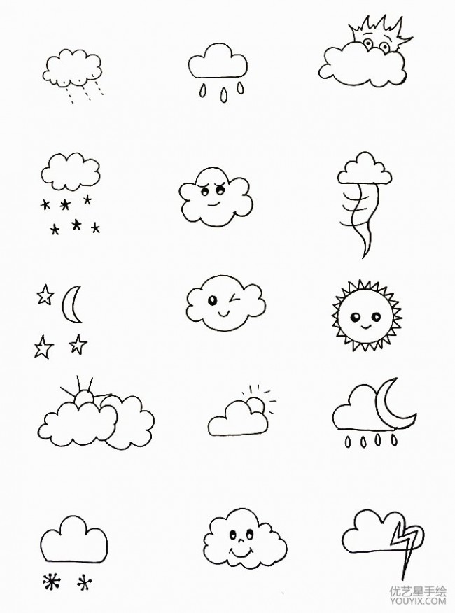 各种天气相关简笔画图片参考 很可爱的云朵太阳等天气简笔画图片
